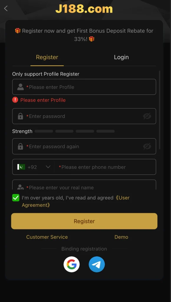 j188 game login and signup interface