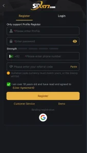 six177 game signup and login interface