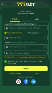 777slots game signup interface