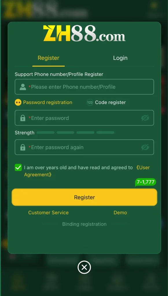 zh88 game signup interface